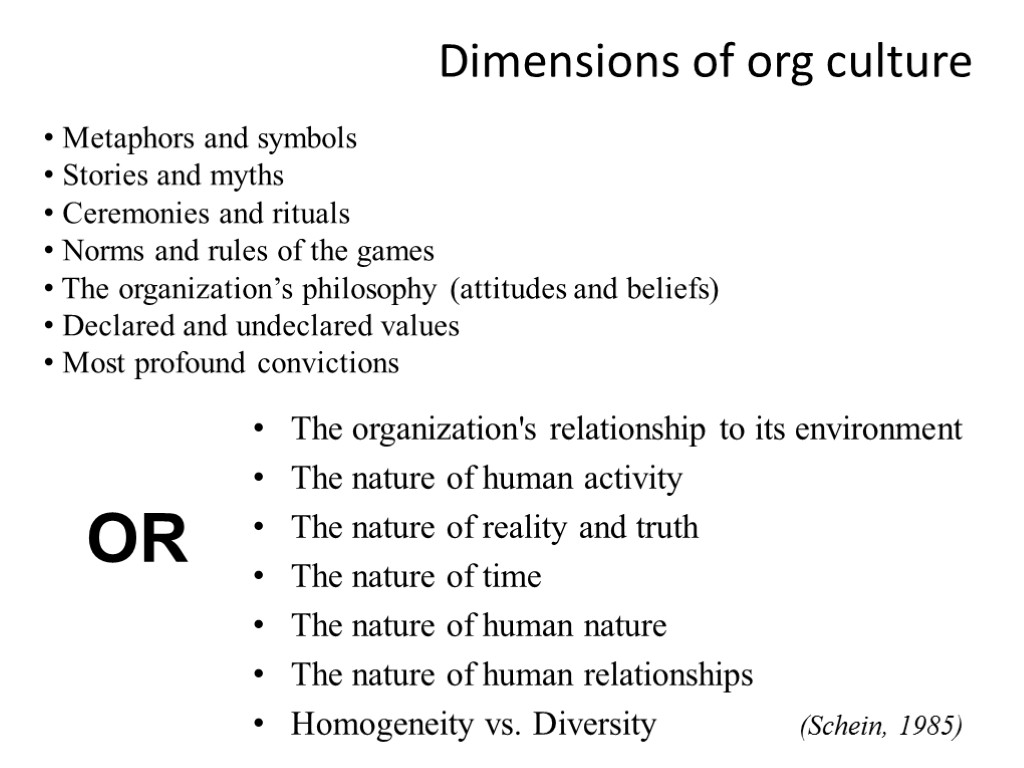 The organization's relationship to its environment The nature of human activity The nature of